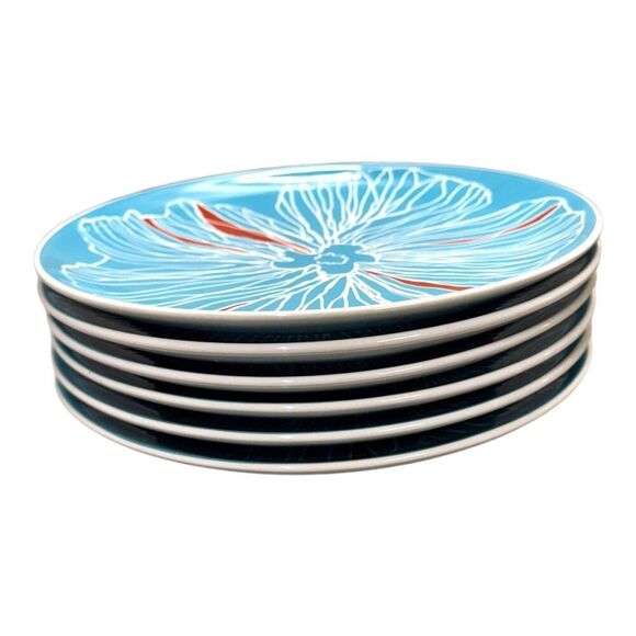 Set Of 6 Ikea Salad Plates With Floral Design Turquoise & Red Porcelain 8.5" - Picture 6 of 6